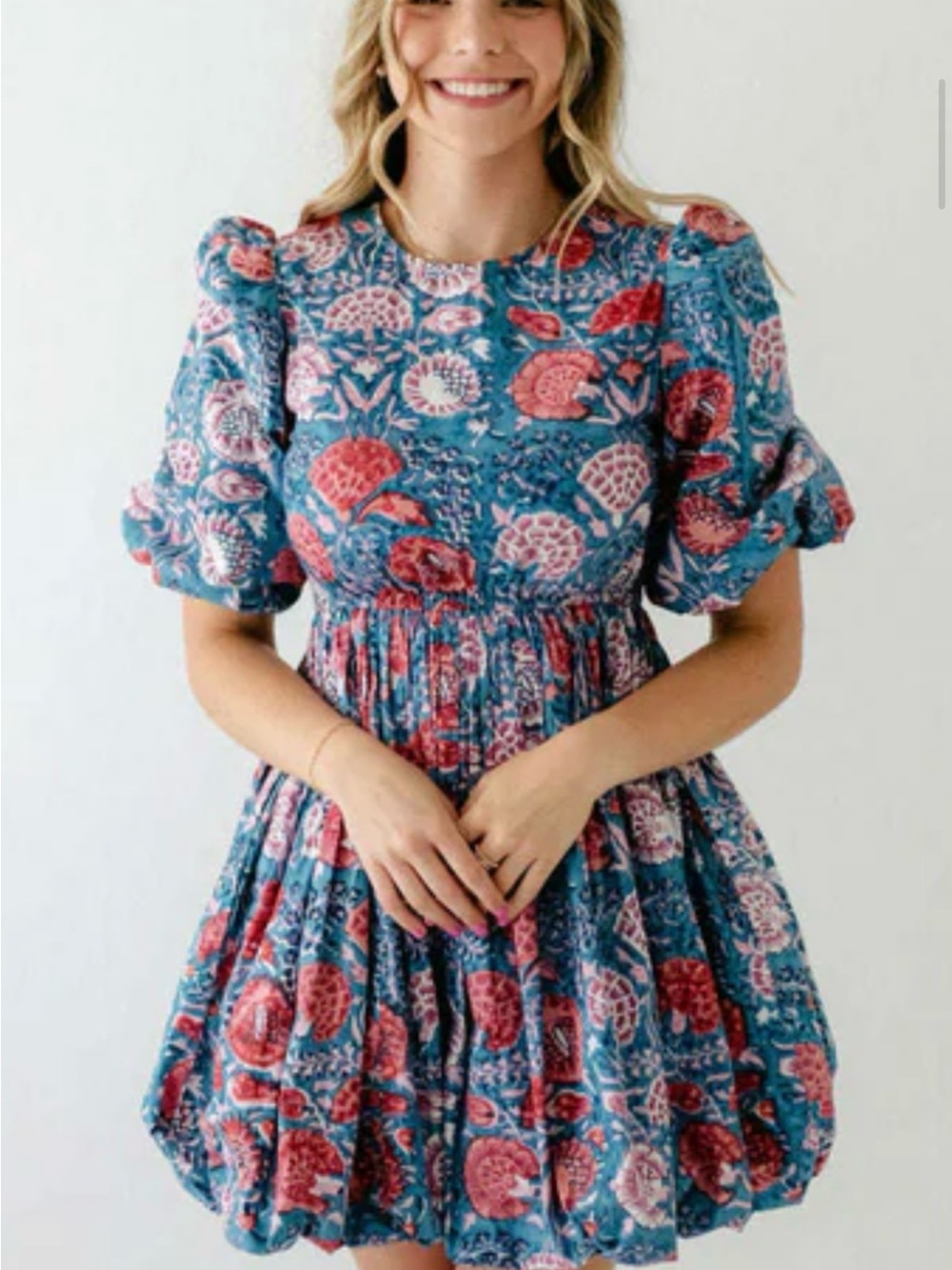 Blue Floral Puff-Sleeve Midi Dress with Smocked Waist